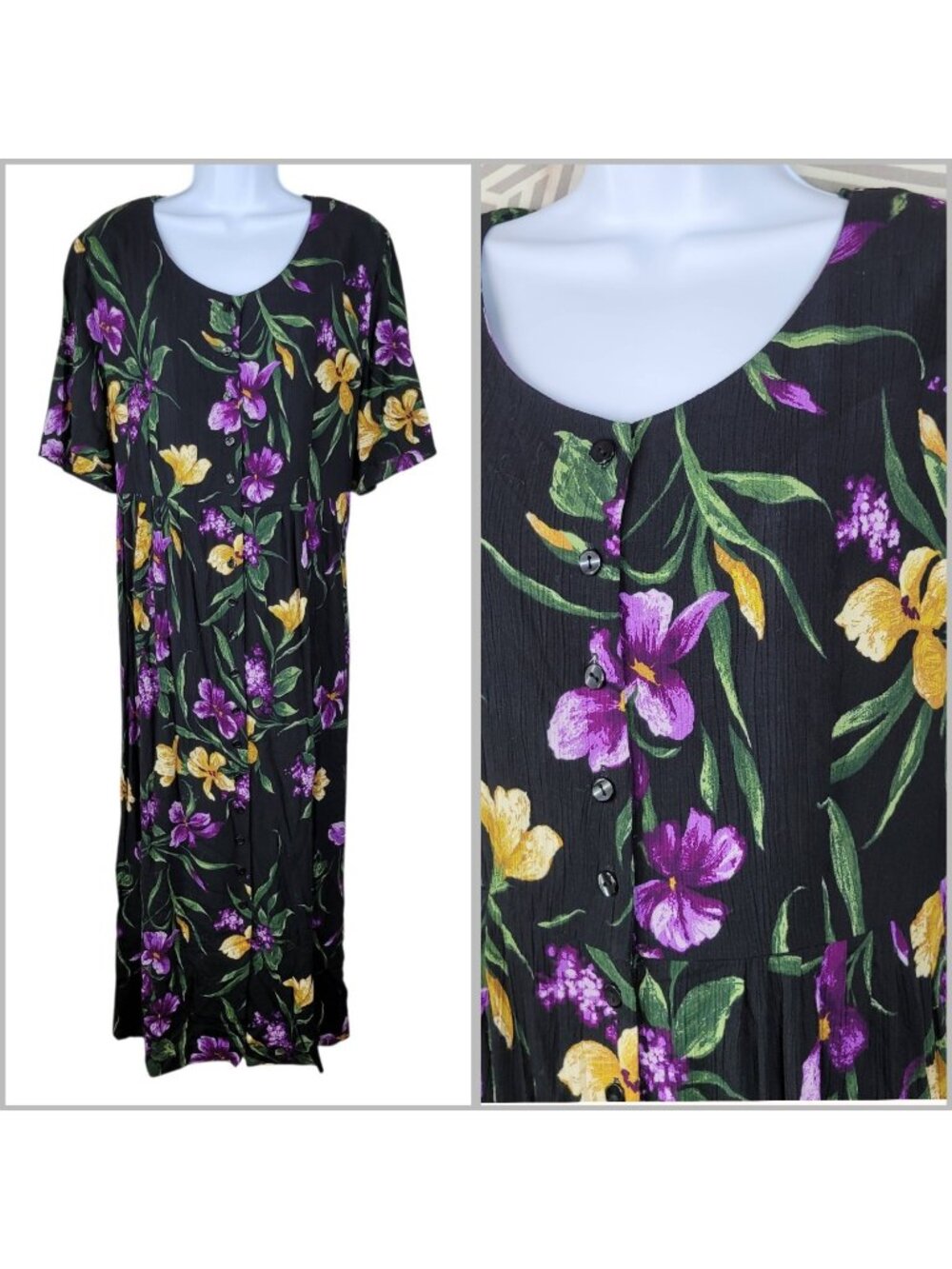 Gauze Midi Shirt Dress Floral 16 Flowy Crepe Black Iris Lightweight Vintage Alt